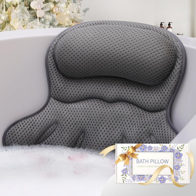 Binobella Bath Pillow Luxury Bathtub Pillow, Extra Soft & Comfortable Bath Pillow for Tub Head Neck and Back Support, with 4D Air Mesh Cushions & Non-Slip Suction Cups - Great Bath Gifts (Gray) - Image 1